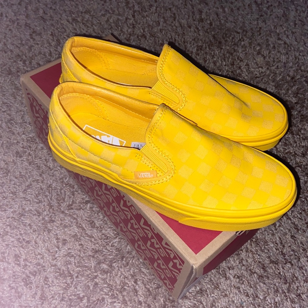 Yellow monochrome checkered slip on vans